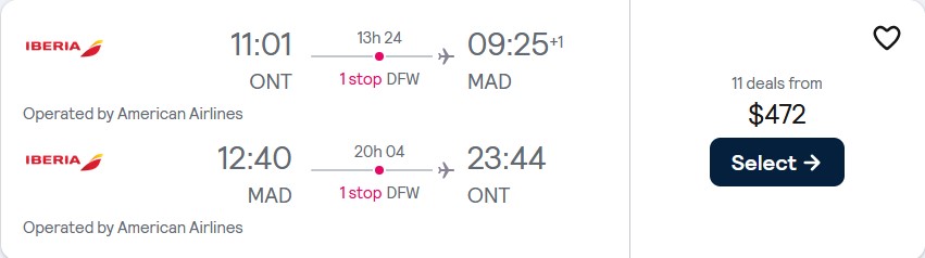 Cheap flights from Ontario, California to Madrid, Spain for only $472 roundtrip with American Airlines. Flight deal ticket image.