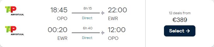 Non-stop flights from Porto, Portugal to New York, USA for only €389 roundtrip with TAP Air Portugal. Flight deal ticket image.