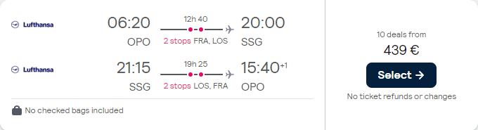 Cheap flights from Porto or Lisbon, Portugal to Bioko Island, Equatorial Guinea from only €439 roundtrip with Lufthansa. Flight deal ticket image.
