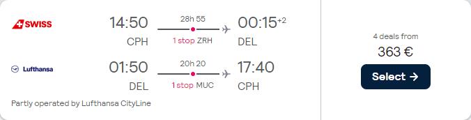 Cheap flights from Copenhagen, Denmark or Oslo, Norway to Delhi, India from only €363 roundtrip with Swiss International Air Lines and Lufthansa. Flight deal ticket image.