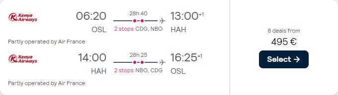 Cheap flights from Oslo, Norway to the Comoros Islands for only €495 roundtrip with Air France. Flight deal ticket image.