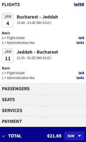 Non-stop flights from Bucharest, Romania to Jeddah, Saudi Arabia for only €21 roundtrip. Flight deal ticket image.