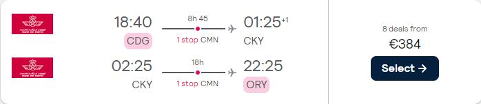 Cheap flights from Paris, France to Conakry, Guinea for only €384 roundtrip with Royal Air Maroc. Flight deal ticket image.