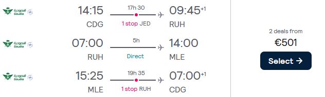 2 in 1 trip...Cheap flights from Paris, France to Riyadh, Saudi Arabia and Male, Maldives for only €501 roundtrip. Flight deal ticket image.