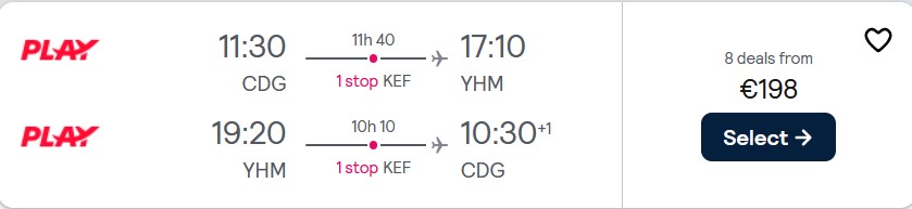 Cheap flights from Paris, France to Hamilton, Canada for only €198 roundtrip. Flight deal ticket image.