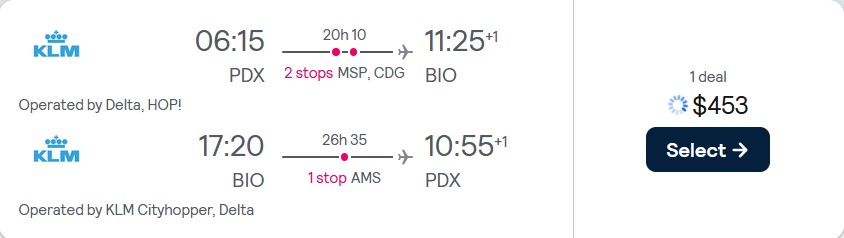 Click here to book this cheap flight deal. Cheap flights from Portland, Oregon to European cities from only $453 roundtrip with Delta Air Lines, Air France and KLM. Flight deal ticket image.