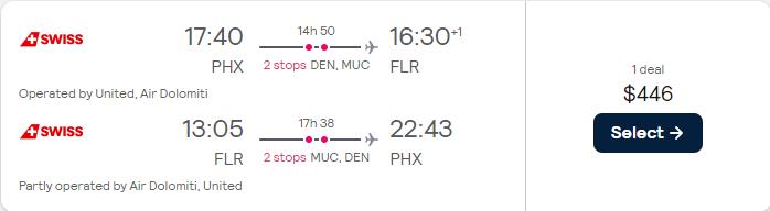 Click here to book this cheap flight deal. Cheap flights from Phoenix, Arizona to European cities from only $446 roundtrip with United Airlines, Lufthansa and Swiss International Air Lines. Flight deal ticket image.