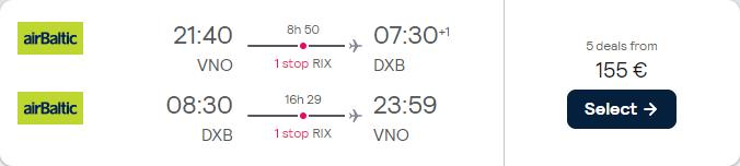 Summer flights from Vilnius, Lithuania or Riga, Latvia to Dubai, UAE from only €155 roundtrip. Flight deal ticket image.