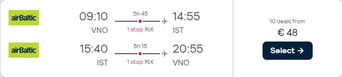 Summer flights from Riga, Latvia or Vilnius, Lithuania to Istanbul, Turkey for only €48 roundtrip. Flight deal ticket image.