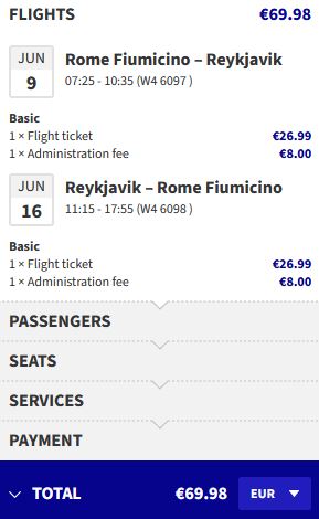 Non-stop flights from Rome, Italy to Reykjavik, Iceland for only €69 roundtrip. Flight deal ticket image.