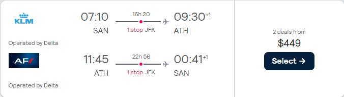 Cheap flights from San Diego to Athens, Greece for only $449 roundtrip with Delta Air Lines. Flight deal ticket image.