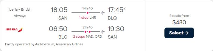 Cheap flights from San Diego to Bologna or Florence, Italy from only $480 roundtrip with British Airways, Iberia and American Airlines. Flight deal ticket image.
