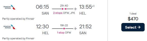 Cheap flights from San Diego to European cities from only $470 roundtrip with Finnair and American Airlines. Flight deal ticket image.