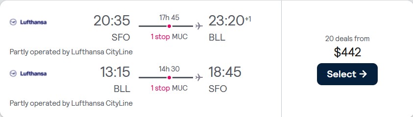 Cheap flights from San Francisco to Billund, Denmark for only $442 roundtrip with Lufthansa. Flight deal ticket image.
