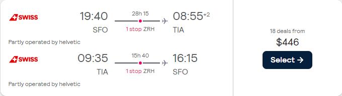Cheap flights from US cities to Tirana, Albania from only $446 roundtrip with Swiss International Air Lines. Flight deal ticket image.