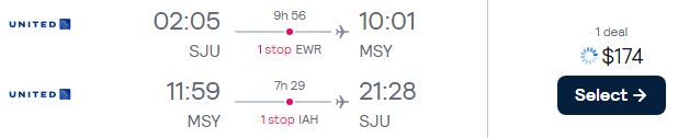 Cheap flights from San Juan, Puerto Rico to New Orleans, USA for only $174 USD roundtrip with United Airlines. Flight deal ticket image.