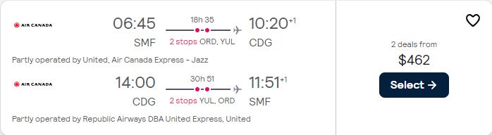 Cheap flights from Sacramento, California to Paris, France for only $462 roundtrip with United Airlines and Air Canada. Flight deal ticket image.