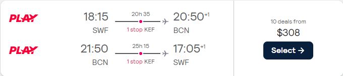 Cheap flights from Newburgh to Barcelona, Spain for only $308 roundtrip. Flight deal ticket image.
