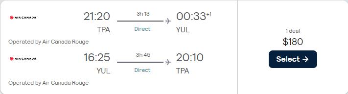 Non-stop flights from Tampa, Florida to Montreal, Canada for only $180 roundtrip with Air Canada. Flight deal ticket image.