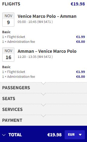 Non-stop flights from Venice, Italy to Amman, Jordan for only €19 roundtrip. Flight deal ticket image.