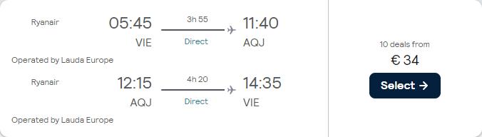 Click here to book this cheap flight deal. Non-stop flights from Vienna, Austria to Aqaba, Jordan for only €34 roundtrip. Flight deal ticket image.