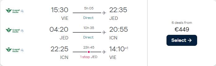 2 in 1 trip...Cheap flights from Vienna, Austria to Jeddah, Saudi Arabia and Seoul, South Korea for only €449 roundtrip. Flight deal ticket image.