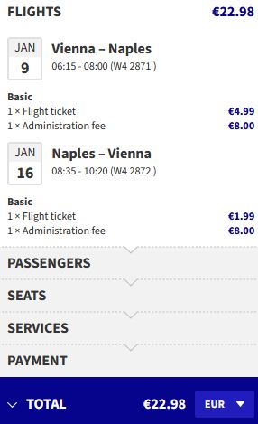 Click here to book this cheap flight deal. Non-stop flights from Vienna, Austria to Naples, Italy for only €22 roundtrip. Flight deal ticket image.