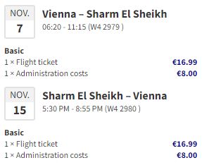 Non-stop flights from Vienna, Austria to Sharm el Sheikh, Egypt for only €49 roundtrip. Flight deal ticket image.