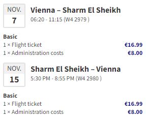 Click here to book this cheap flight deal. Non-stop flights from Vienna, Austria to Sharm el Sheikh, Egypt for only €49 roundtrip. Flight deal ticket image.