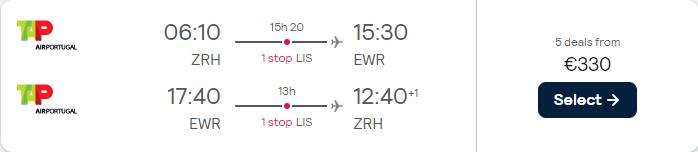 Click here to book this cheap flight deal. Cheap flights from Zurich, Switzerland to US cities from only €330 roundtrip with TAP Air Portugal. Flight deal ticket image.