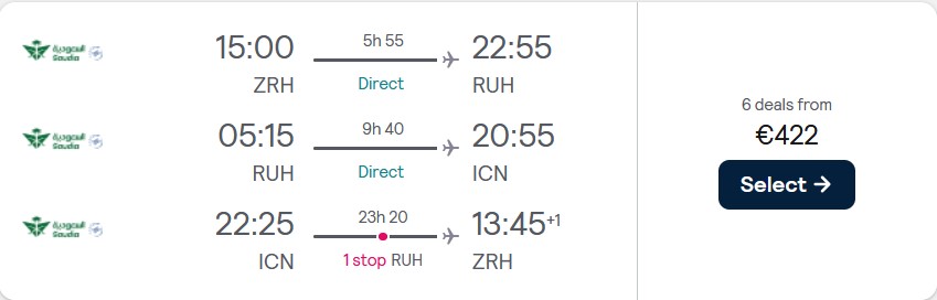 2 in 1 trip...Cheap flights from Zurich, Switzerland to Riyadh, Saudi Arabia and Seoul, South Korea for only €422 roundtrip. Flight deal ticket image.