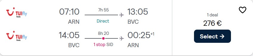 Cheap flights from Stockholm, Sweden to Boa Vista, Cape Verde for only €276 roundtrip. Flight deal ticket image.