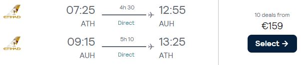Non-stop flights from Athens, Greece to Abu Dhabi, UAE for only €159 roundtrip with Etihad Airways. Flight deal ticket image.