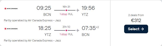 Christmas and New Year flights from Barcelona or Madrid, Spain to Toronto or Montreal, Canada from only €310 roundtrip with Air Canada. Flight deal ticket image.