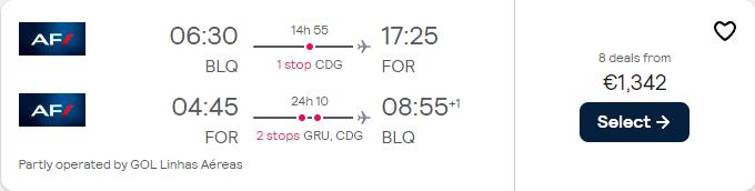 Click here to book this cheap flight deal. Business Class flights from Italian cities to Fortaleza or Recife, Brazil from only €1342 roundtrip with Air France. Flight deal ticket image.