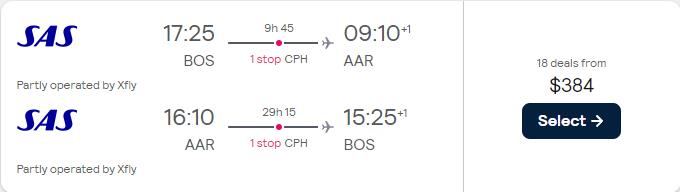 Click here to book this cheap flight deal. Cheap flights from Boston to Aarhus, Denmark for only $384 roundtrip with Scandinavian Airlines. Flight deal ticket image.