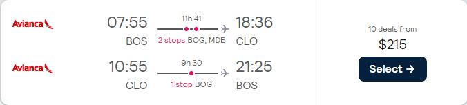 Summer flights from Boston to ________ from only $215 roundtrip with Avianca. Flight deal ticket image.