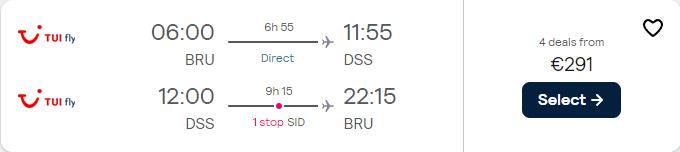 Last minute flights from Brussels, Belgium to Dakar, Senegal for only €291 roundtrip. Flight deal ticket image.