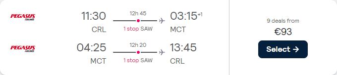 Click here to book this cheap flight deal. Cheap flights from Brussels, Belgium to Muscat, Oman for only €93 roundtrip. Flight deal ticket image.