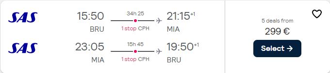 Cheap flights from Brussels, Belgium to Miami, USA for only €299 roundtrip with Scandinavian Airlines. Flight deal ticket image.