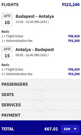 Non-stop flights from Budapest, Hungary to Antalya, Turkey for only €67 roundtrip. Flight deal ticket image.