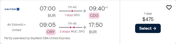 Cheap flights from Burbank, California to Paris, France for only $475 roundtrip with United Airlines and Lufthansa. Flight deal ticket image.