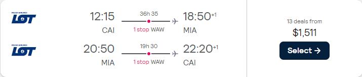 Business Class, summer flights from Cairo, Egypt to Miami, USA for only $1511 USD roundtrip with LOT Polish Airlines. Flight deal ticket image.