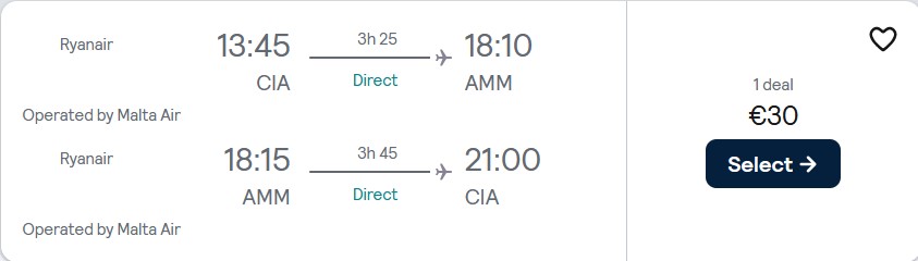 Non-stop flights from Rome, Italy to Amman, Jordan for only €30 roundtrip. Flight deal ticket image.