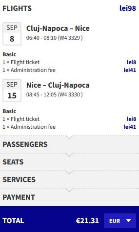 Click here to book this cheap flight deal. Non-stop flights from Cluj, Romania to Nice, France for only €21 roundtrip. Flight deal ticket image.