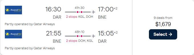 Business Class flights from Dar Es Salaam, Tanzania to Brisbane, Australia for only $1679 USD roundtrip with Qatar Airways. Flight deal ticket image.