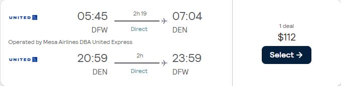 Non-stop flights from Dallas, Texas to Denver, Colorado for only $112 roundtrip with United Airlines. Also works in reverse. Flight deal ticket image.