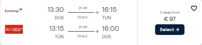 Click here to book this cheap flight deal. Non-stop flights from Dusseldorf, Germany to Tunis, Tunisia for only €97 roundtrip. Flight deal ticket image.