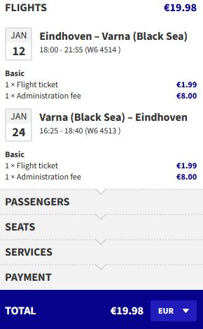 Non-stop flights from Eindhoven, Netherlands to Varna, Bulgaria for only €19 roundtrip. Flight deal ticket image.