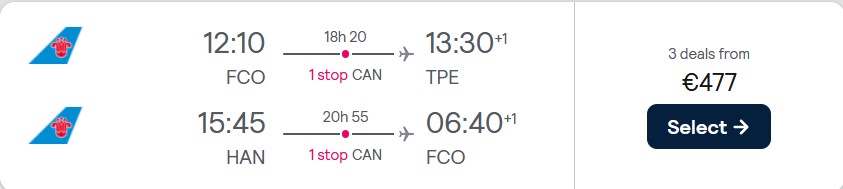 Open-jaw flights from Rome, Italy to Taipei, Taiwan returning from Hanoi, Vietnam for only €477 roundtrip. Flight deal ticket image.